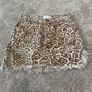 One Teaspoon Leopard Print Frayed Denim Skirt